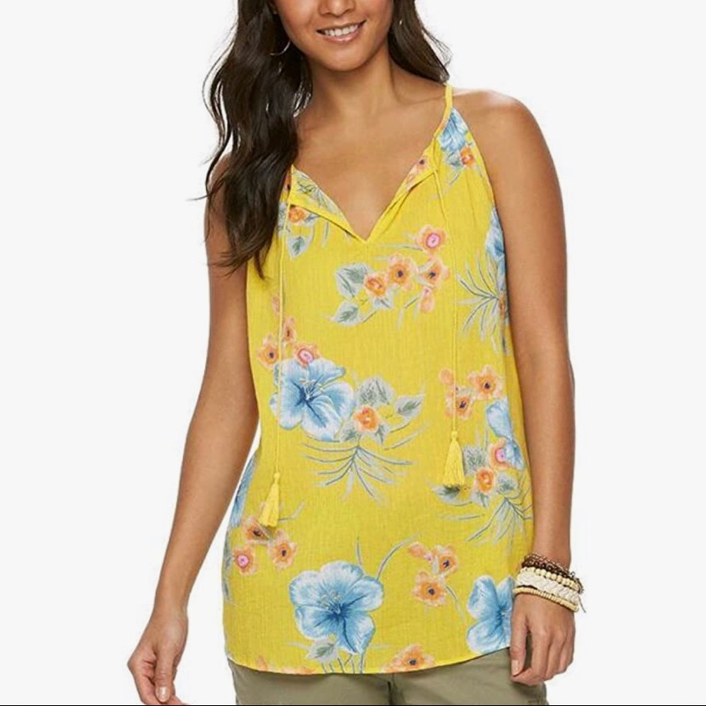 Chaps Denim Printed Floral Crinkle Sheer Tank Top Sz 1X
